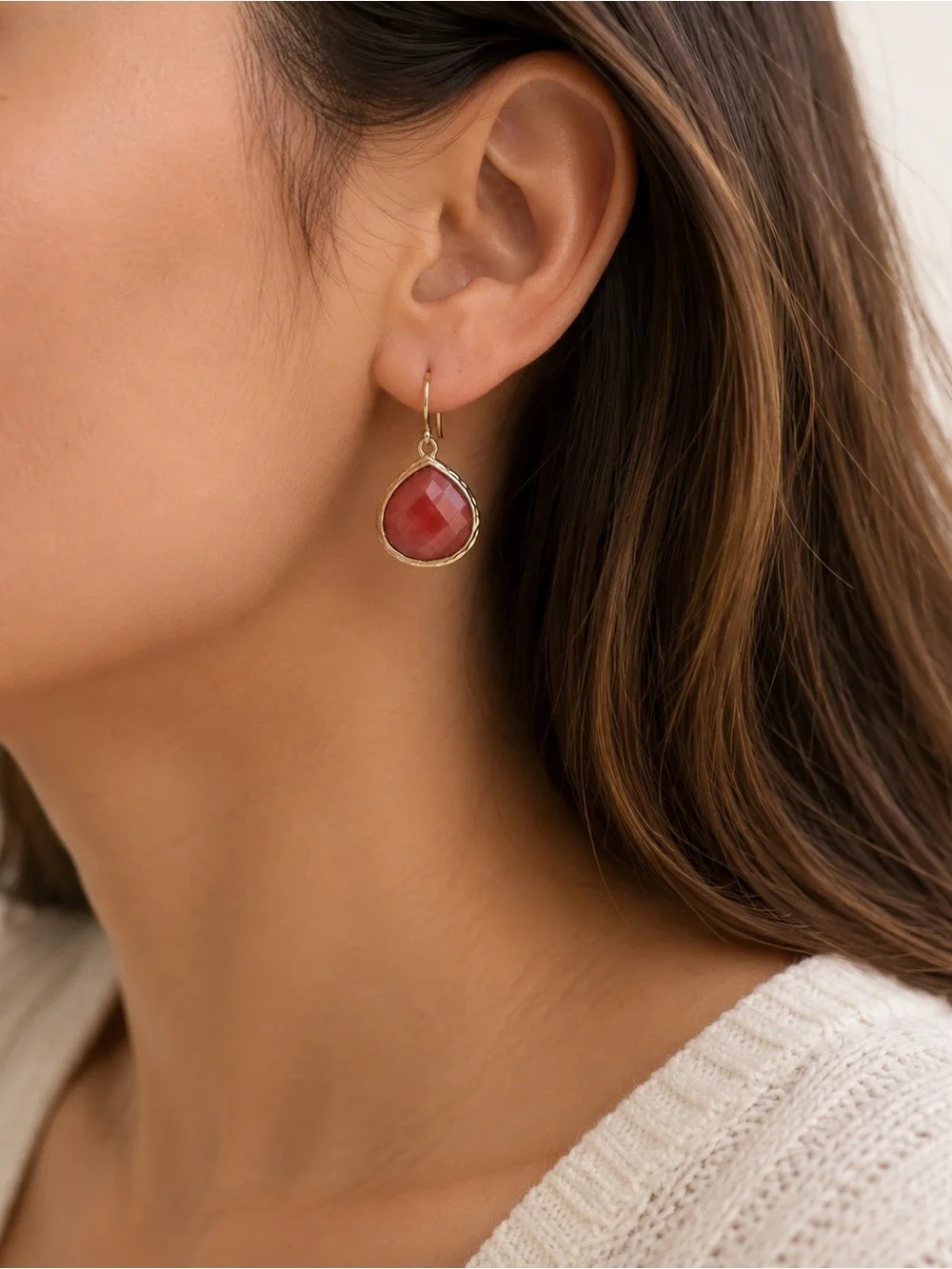 Gold Tone Coral Faceted Teardrop Dangle Earrings Boho Lightweight Statement